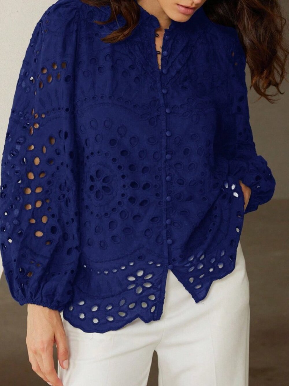 Blue Boho Women's Casual Embroidered Hollow-Out Pleated Front Long Sleeve Blouse - Picture 4 of 8